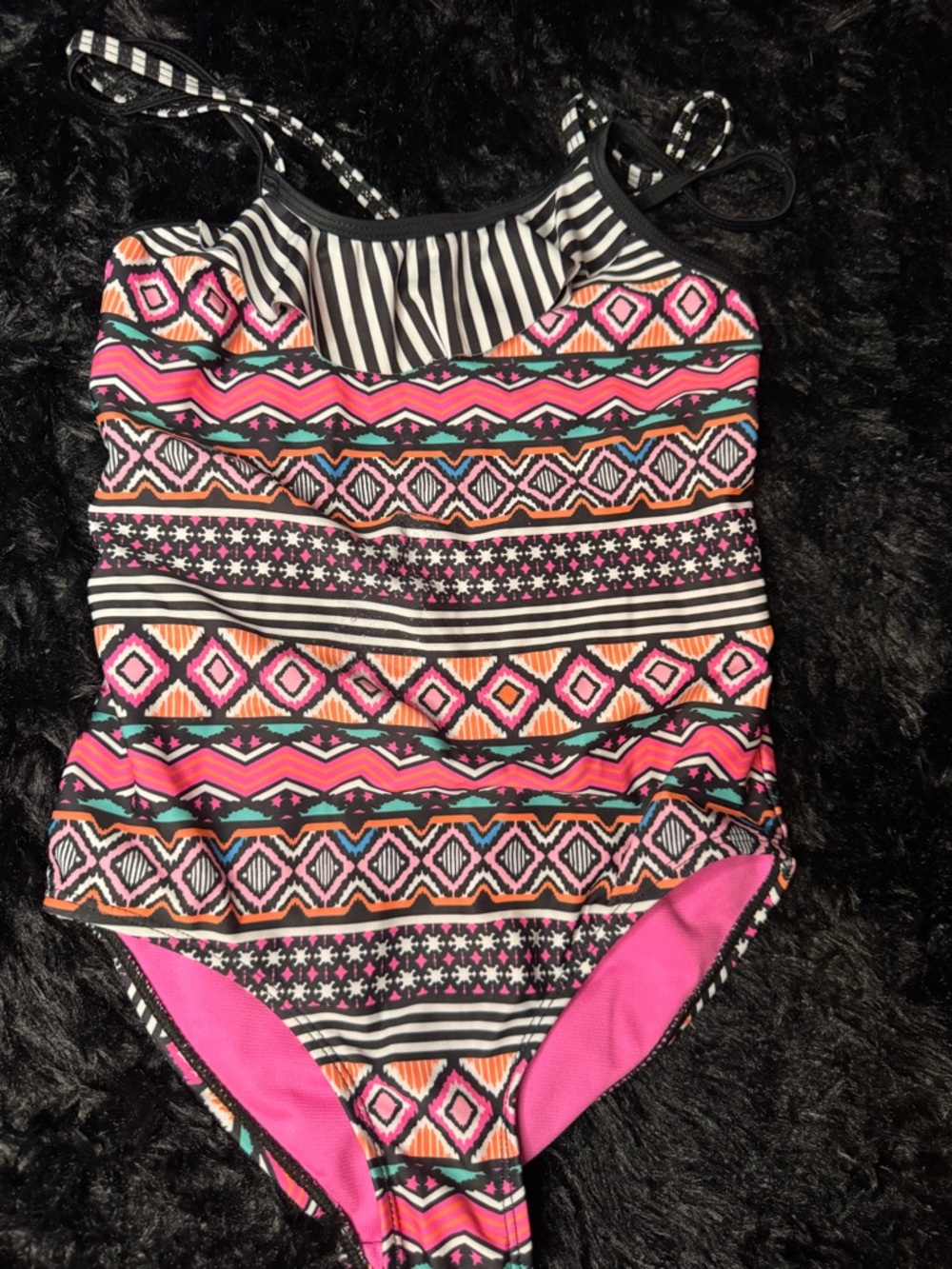 2/$10 Girls Aztec Print Pink One-Piece Swimsuit with Black Stripe Trim